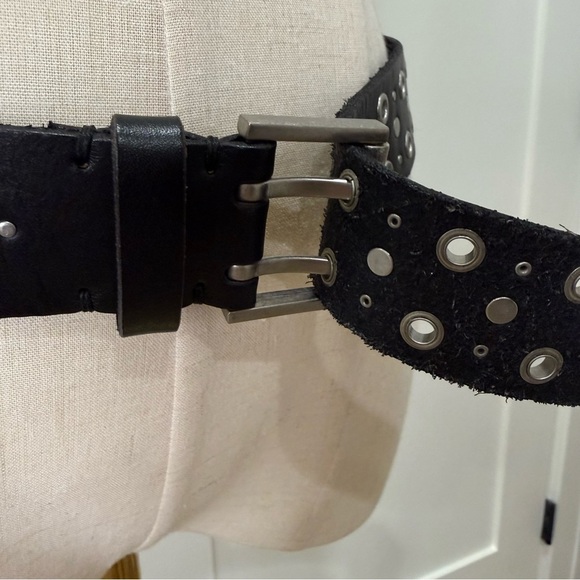 All Saints Stud Eyelet Belt M/L Black Leather Grommet Edgy Cool Rock Festival